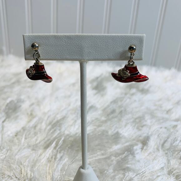 Dangle Earrings Red Hat Society Flowers 3/4" Long - Picture 1 of 4